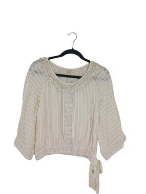 Anthropologie Leifsdottir Lace Trim Sheer Blouse Tie Belt Size 0 Womens Cream